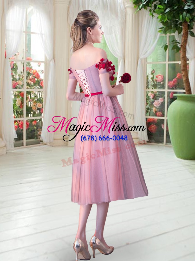 wholesale inexpensive tulle sleeveless tea length evening dress and appliques