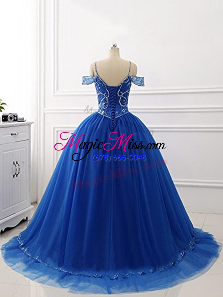 wholesale luxury off the shoulder sleeveless tulle vestidos de quinceanera beading brush train lace up