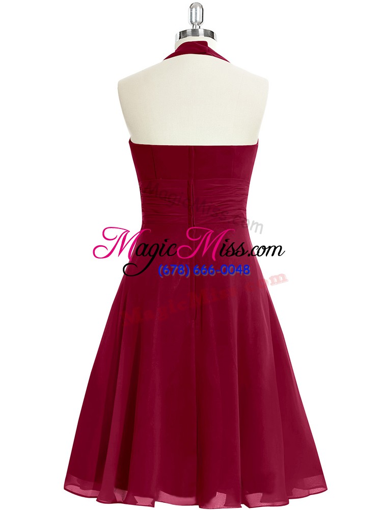 wholesale fine burgundy chiffon zipper halter top sleeveless knee length prom dress ruching