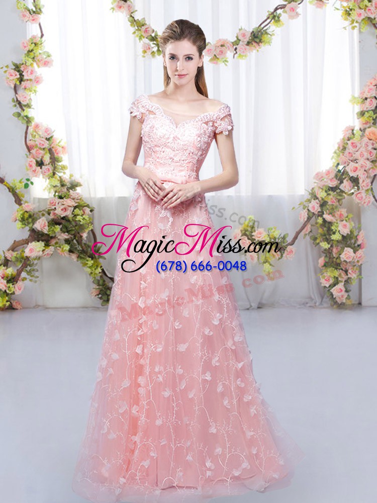 wholesale high class pink cap sleeves tulle lace up dama dress for prom and party and wedding party