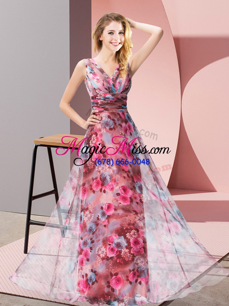 wholesale multi-color empire v-neck sleeveless printed floor length zipper pattern prom gown