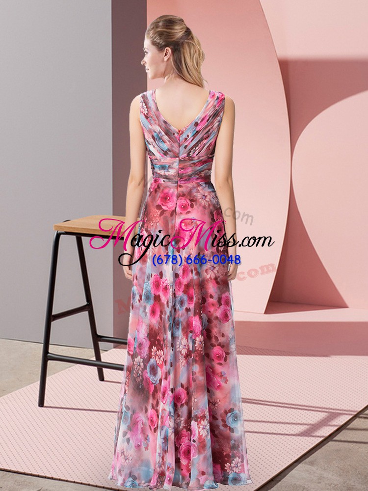 wholesale multi-color empire v-neck sleeveless printed floor length zipper pattern prom gown