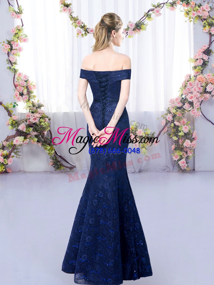 wholesale lace quinceanera court of honor dress navy blue lace up sleeveless floor length