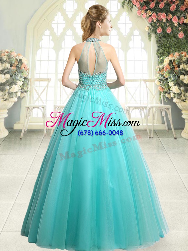 wholesale blue a-line halter top sleeveless tulle floor length zipper beading prom party dress