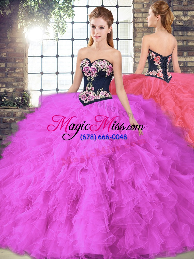 wholesale fuchsia tulle lace up quinceanera dress sleeveless floor length beading and embroidery