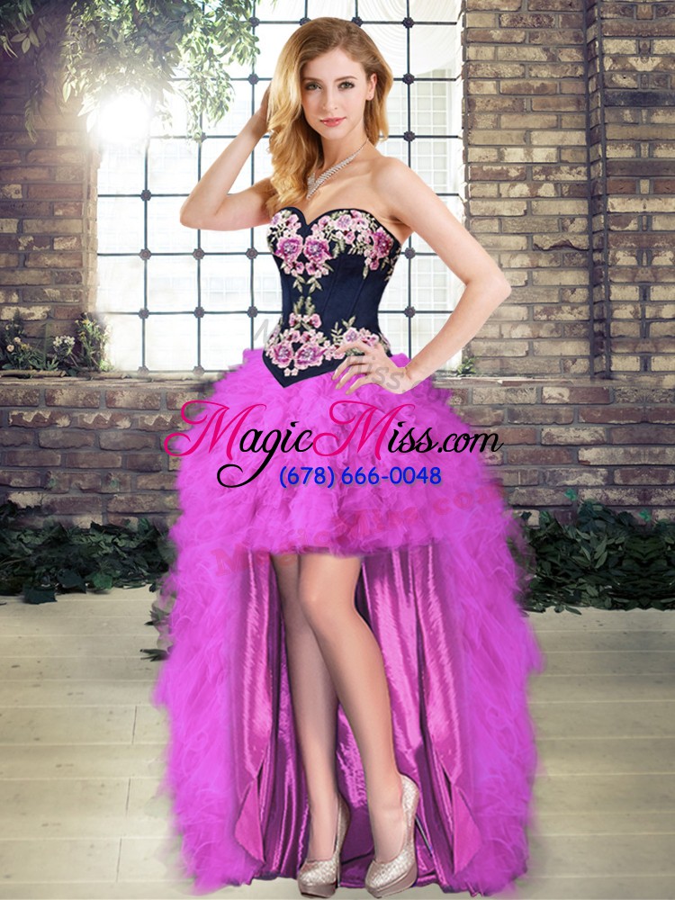 wholesale fuchsia tulle lace up quinceanera dress sleeveless floor length beading and embroidery