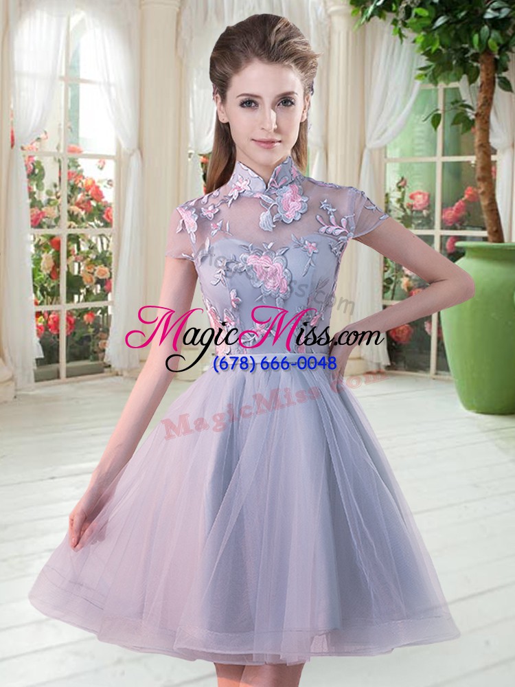 wholesale deluxe grey short sleeves appliques knee length prom gown