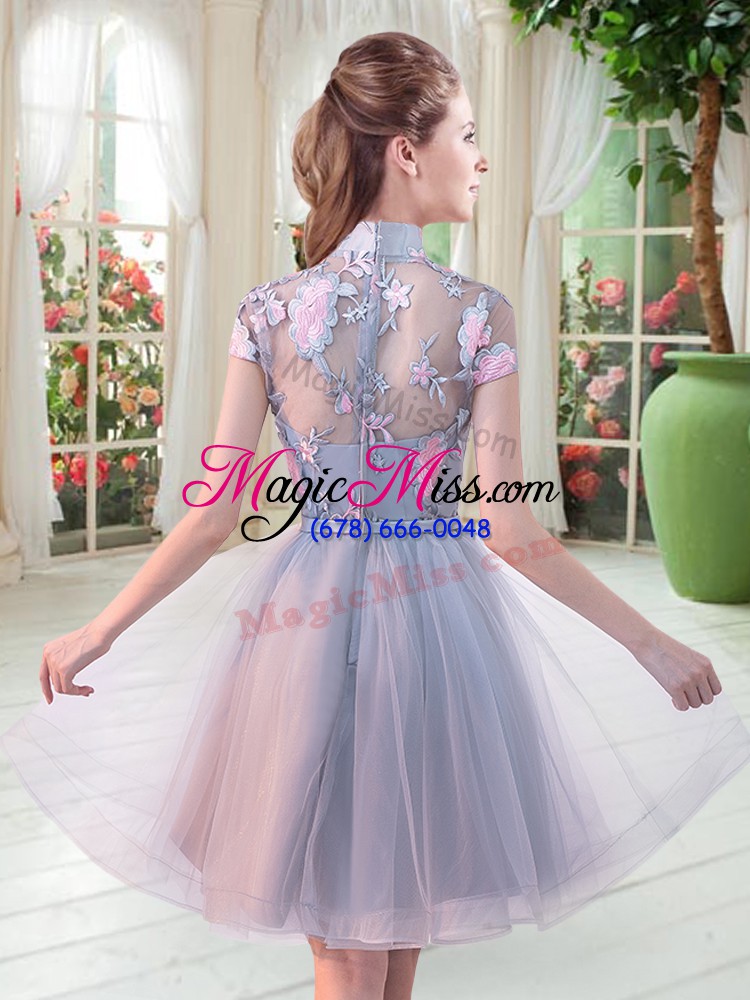 wholesale deluxe grey short sleeves appliques knee length prom gown