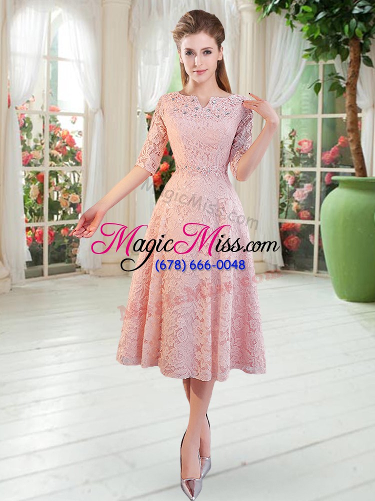 wholesale attractive pink lace zipper prom dresses half sleeves tea length beading