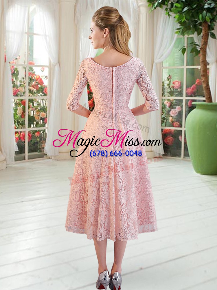 wholesale attractive pink lace zipper prom dresses half sleeves tea length beading