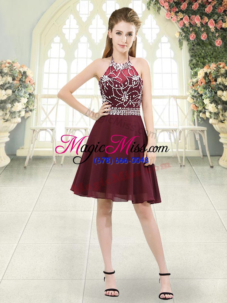 wholesale glorious knee length burgundy homecoming dress halter top sleeveless zipper