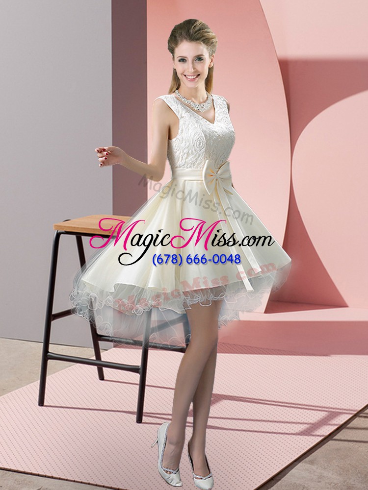 wholesale white tulle lace up v-neck sleeveless high low prom party dress lace and bowknot