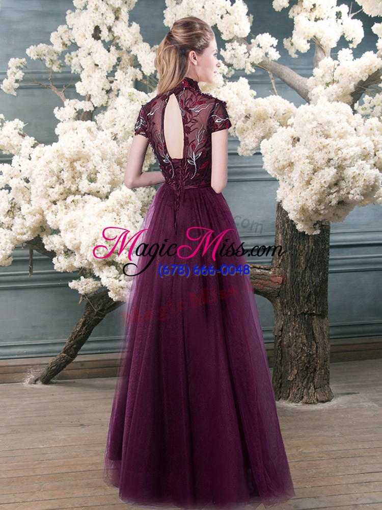 wholesale popular a-line evening dress purple high-neck tulle short sleeves floor length backless