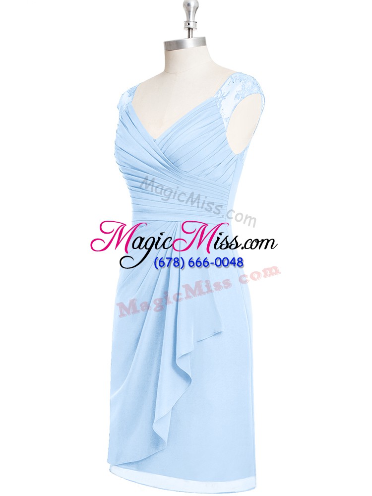 wholesale light blue v-neck zipper appliques and ruching prom party dress cap sleeves