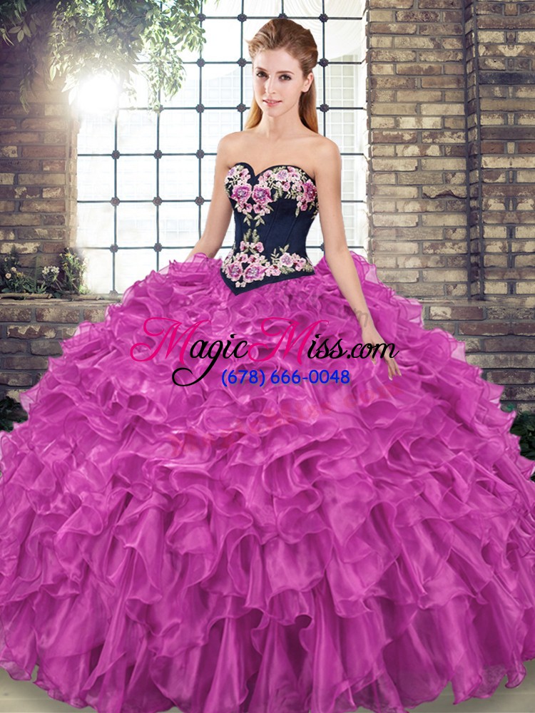 wholesale embroidery and ruffles ball gown prom dress fuchsia lace up sleeveless sweep train