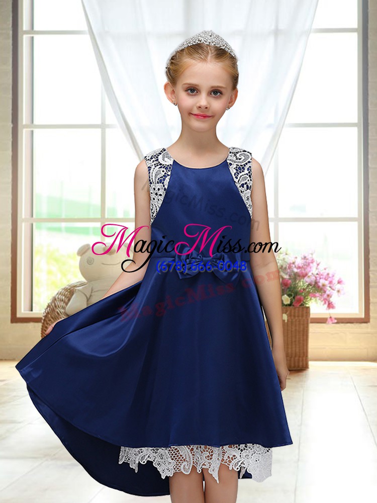wholesale a-line flower girl dresses for less navy blue scoop satin sleeveless high low zipper