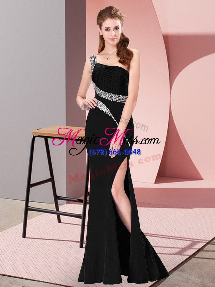 wholesale exceptional black mermaid satin one shoulder sleeveless beading floor length zipper dress for prom
