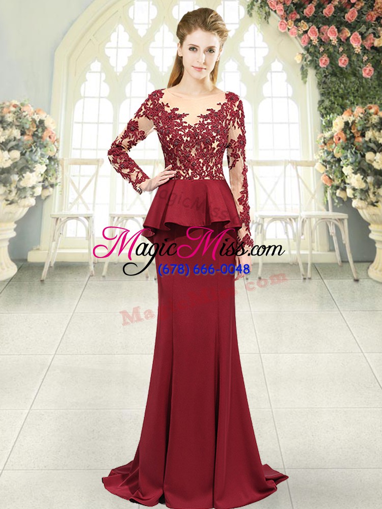 wholesale flare long sleeves sweep train lace and appliques zipper dress for prom