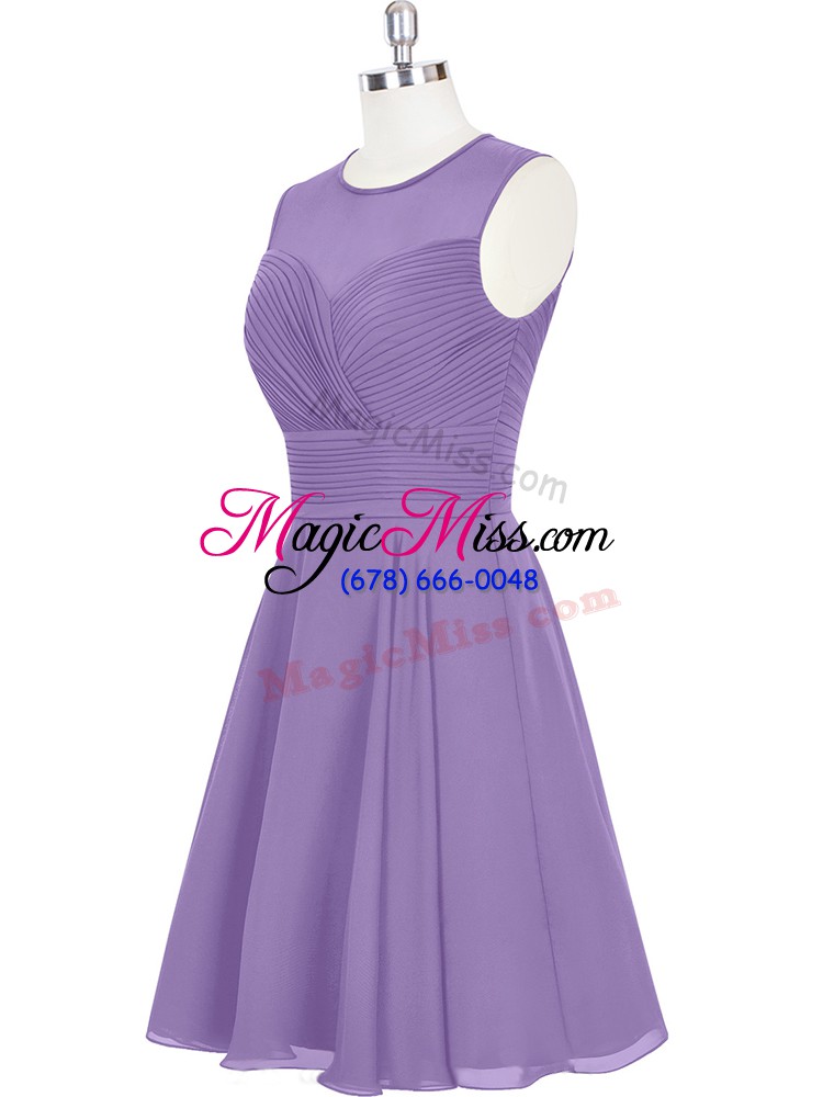 wholesale purple a-line chiffon scoop sleeveless ruching mini length zipper evening dress