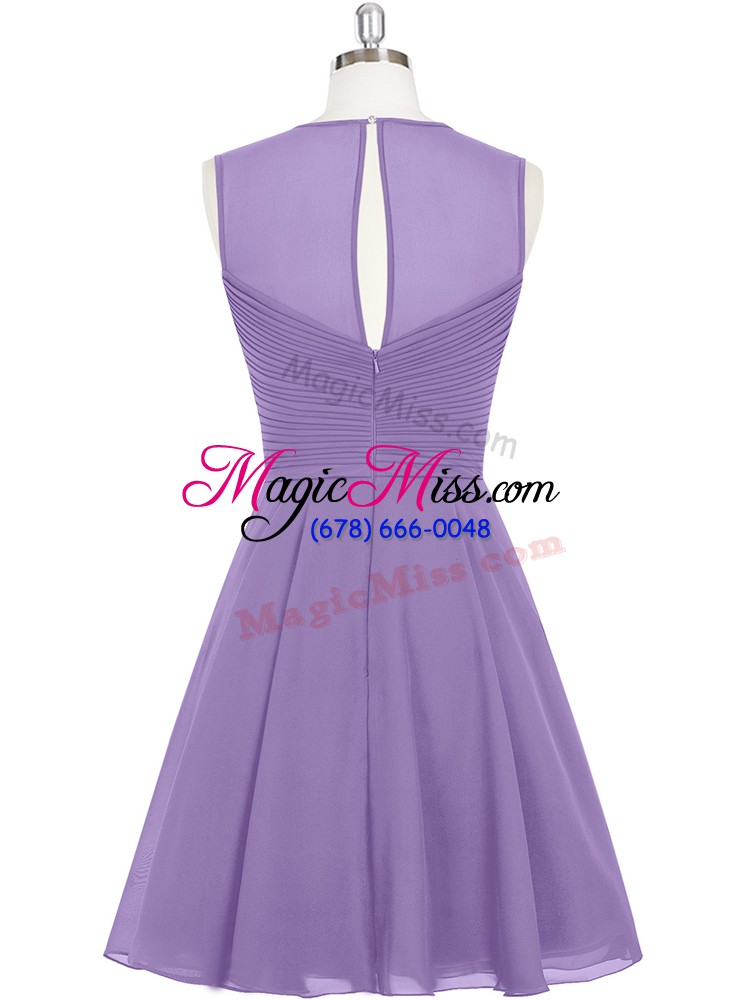 wholesale purple a-line chiffon scoop sleeveless ruching mini length zipper evening dress