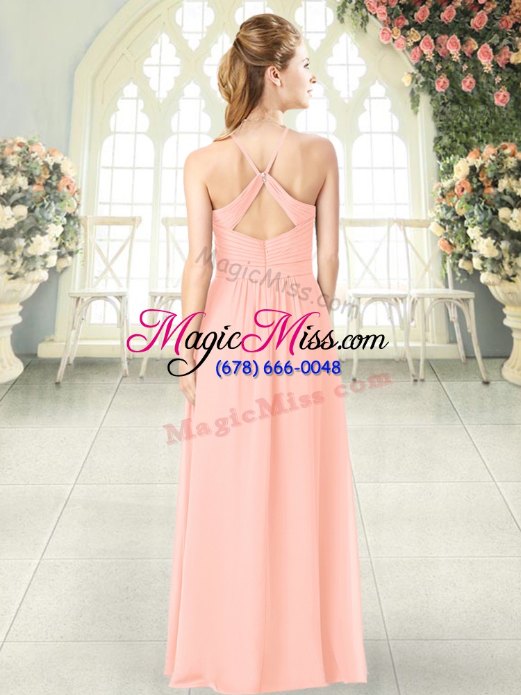 wholesale pink chiffon criss cross prom dresses sleeveless floor length ruching