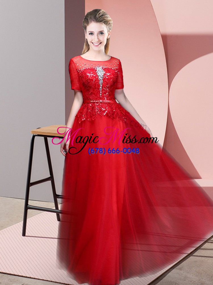 wholesale classical red empire tulle scoop short sleeves beading and lace floor length backless prom gown