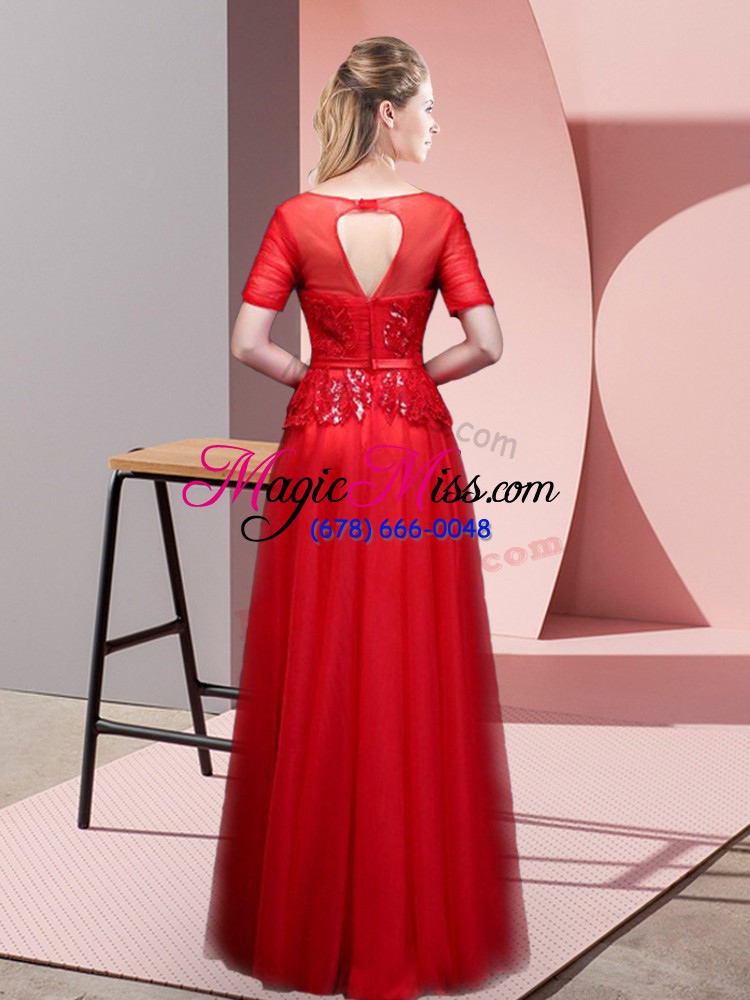 wholesale classical red empire tulle scoop short sleeves beading and lace floor length backless prom gown