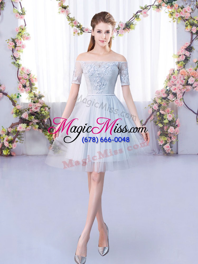 wholesale grey a-line lace damas dress lace up tulle 3 4 length sleeve mini length