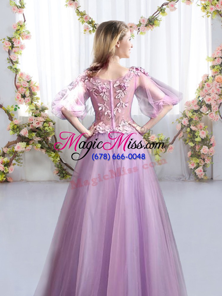 wholesale customized floor length lavender wedding guest dresses tulle half sleeves appliques