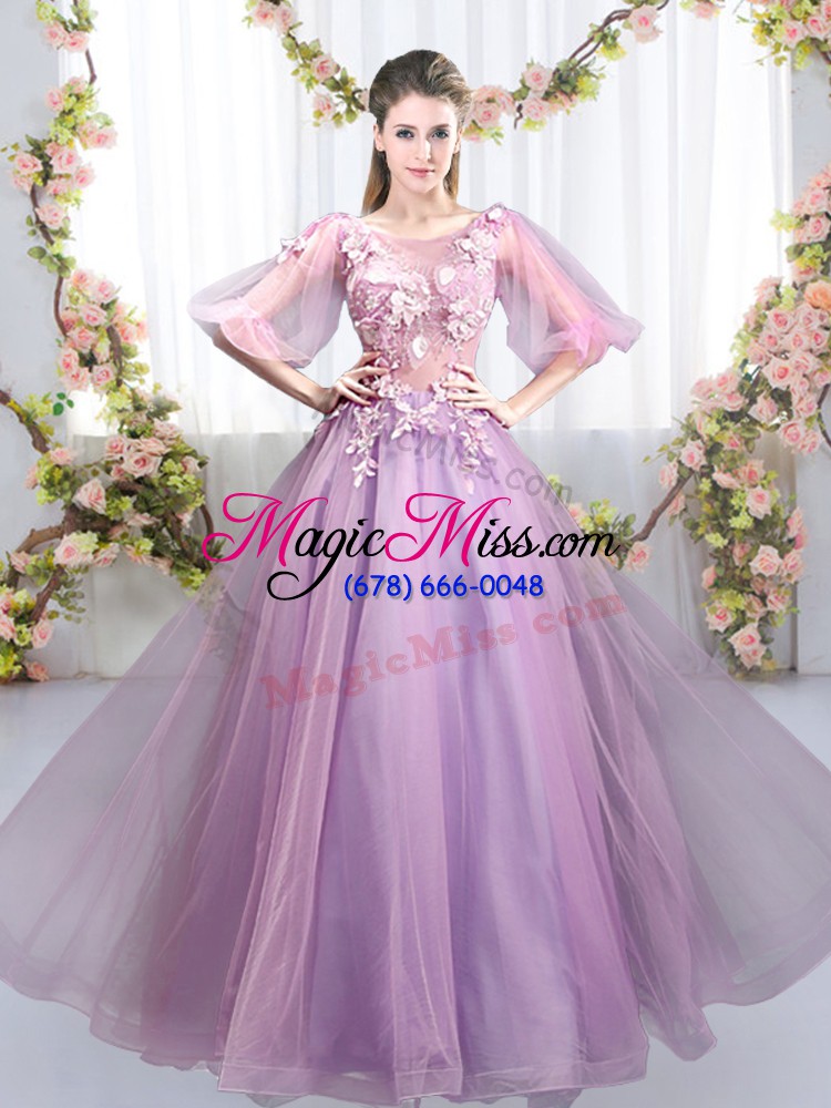 wholesale customized floor length lavender wedding guest dresses tulle half sleeves appliques