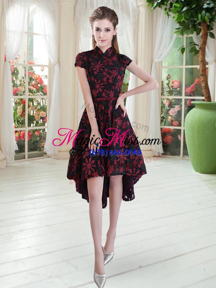 wholesale lovely red and black a-line lace high-neck short sleeves appliques high low zipper prom evening gown