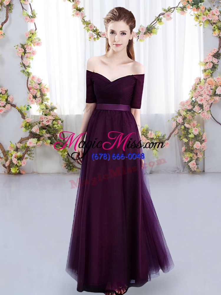wholesale dark purple short sleeves floor length ruching lace up wedding guest dresses