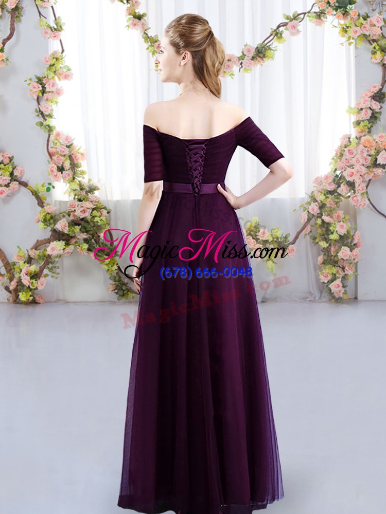 wholesale dark purple short sleeves floor length ruching lace up wedding guest dresses