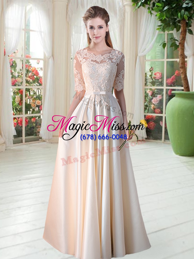 wholesale stunning scalloped half sleeves lace up prom dress champagne satin