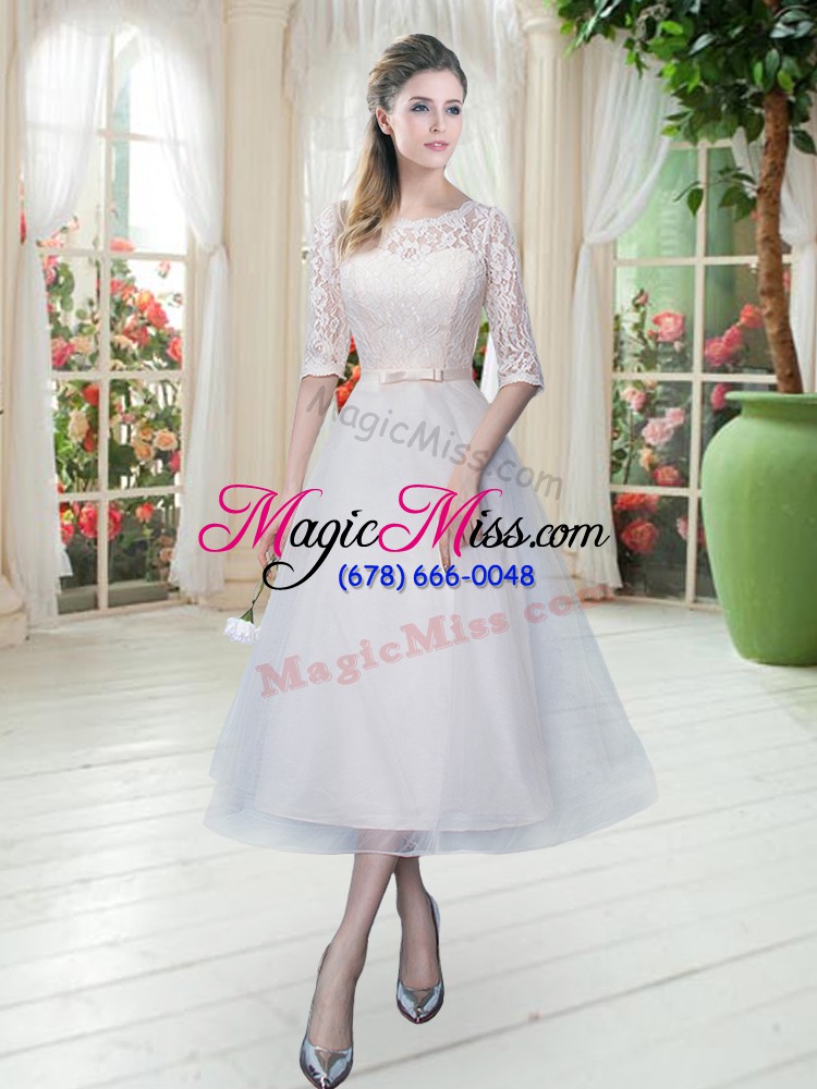 wholesale exceptional tulle half sleeves tea length prom party dress and lace