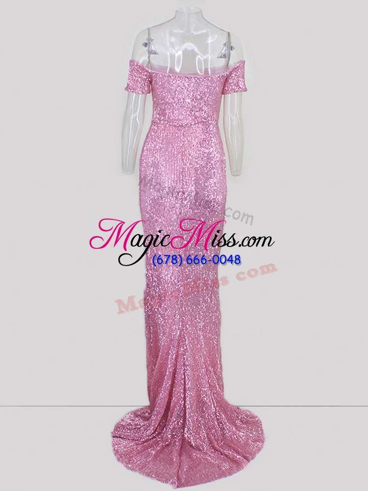 wholesale pink zipper off the shoulder sequins dress for prom short sleeves sweep train