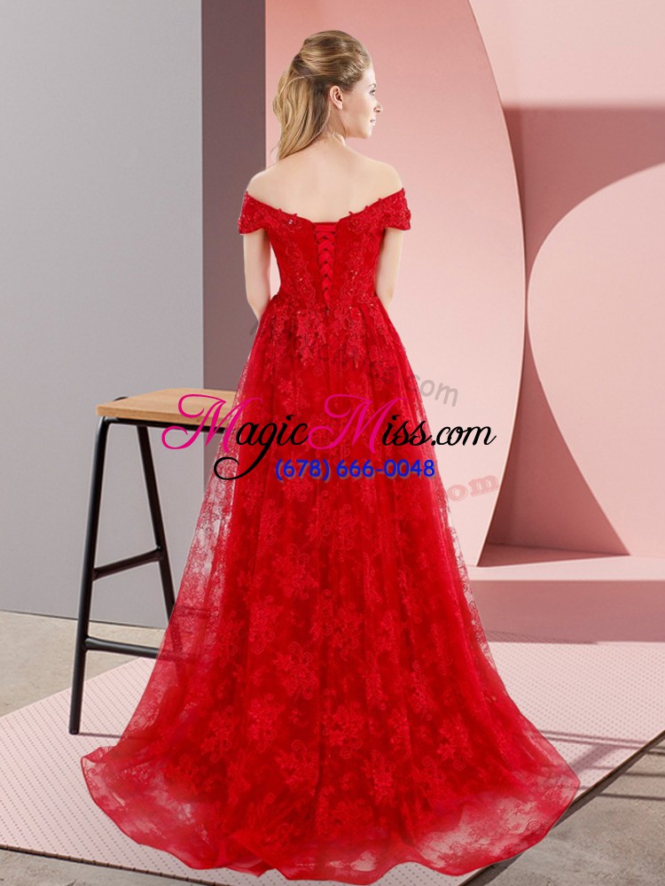 wholesale red prom party dress tulle sweep train sleeveless beading and lace