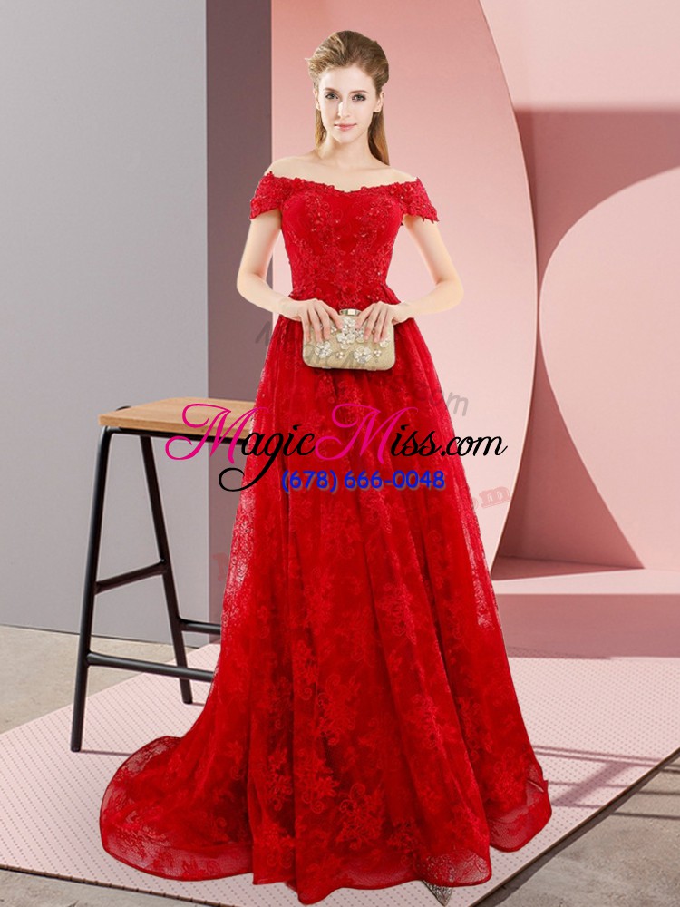 wholesale red prom party dress tulle sweep train sleeveless beading and lace