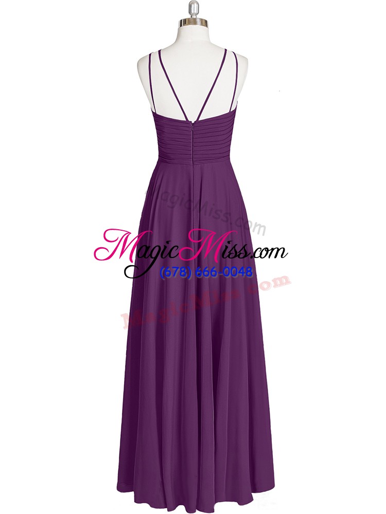 wholesale sumptuous eggplant purple empire chiffon straps sleeveless ruching floor length zipper prom gown