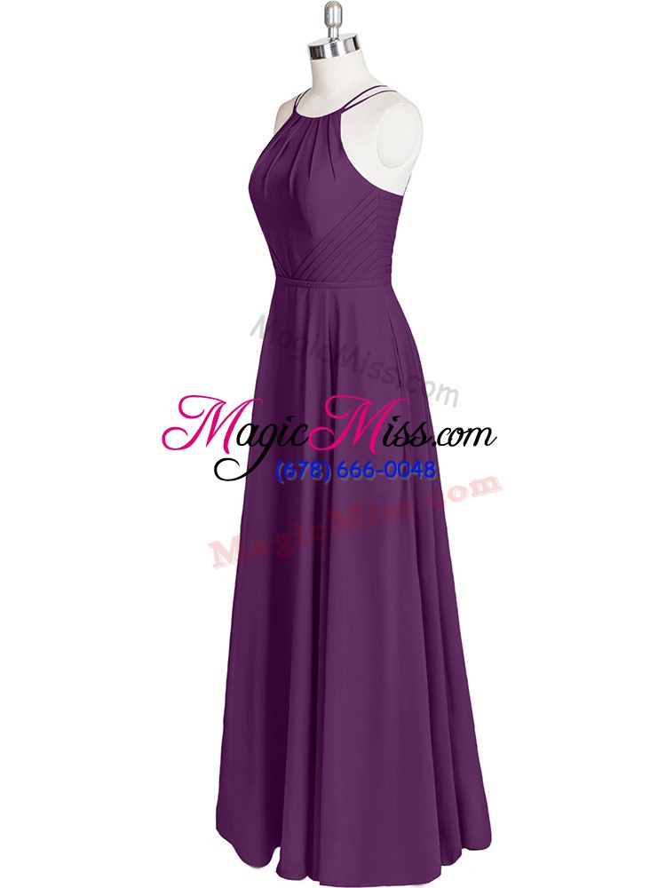 wholesale sumptuous eggplant purple empire chiffon straps sleeveless ruching floor length zipper prom gown