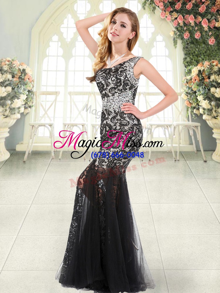 wholesale floor length black prom gown tulle sleeveless beading and lace