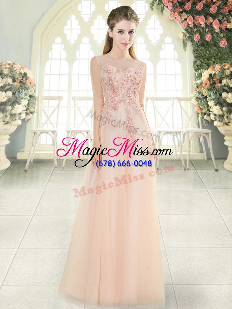 wholesale tulle scoop sleeveless zipper beading and lace and appliques prom party dress in pink