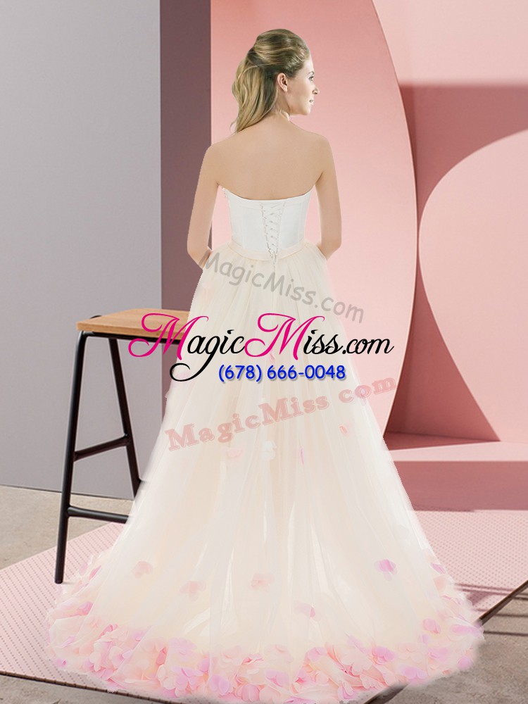 wholesale strapless sleeveless prom gown high low appliques champagne tulle