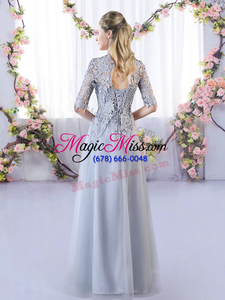 wholesale floor length grey dama dress for quinceanera high-neck half sleeves lace up
