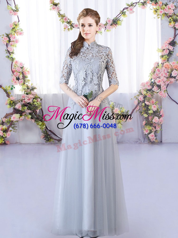 wholesale floor length grey dama dress for quinceanera high-neck half sleeves lace up