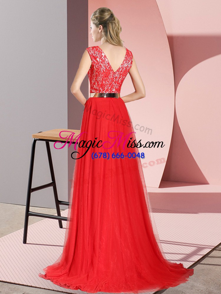 wholesale fuchsia prom gown v-neck sleeveless sweep train zipper