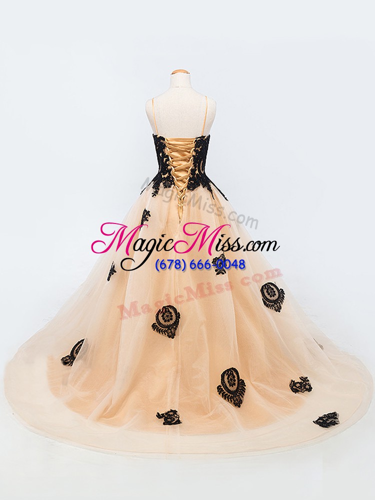 wholesale high end peach lace up spaghetti straps appliques little girl pageant gowns tulle sleeveless brush train