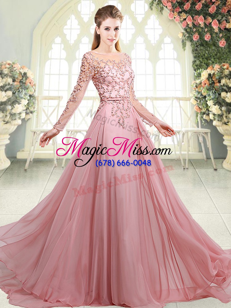 wholesale zipper prom dress pink for prom and party with beading sweep train