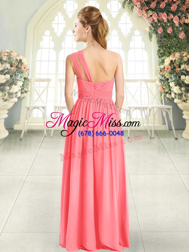 wholesale customized watermelon red one shoulder zipper ruching dress for prom sleeveless