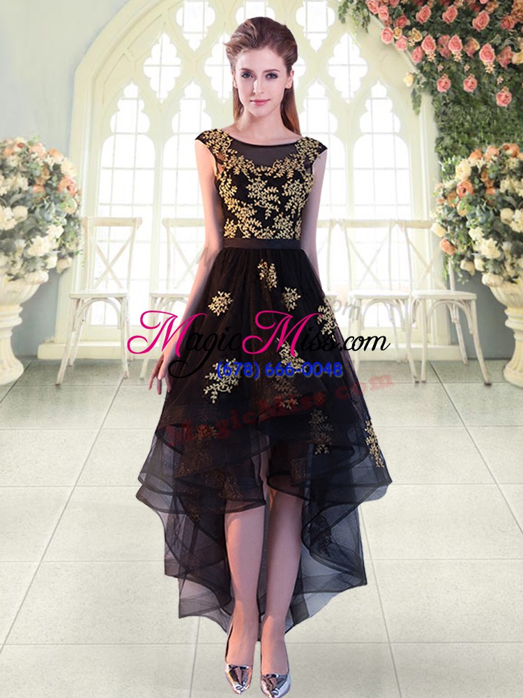 wholesale low price black tulle lace up going out dresses cap sleeves high low appliques